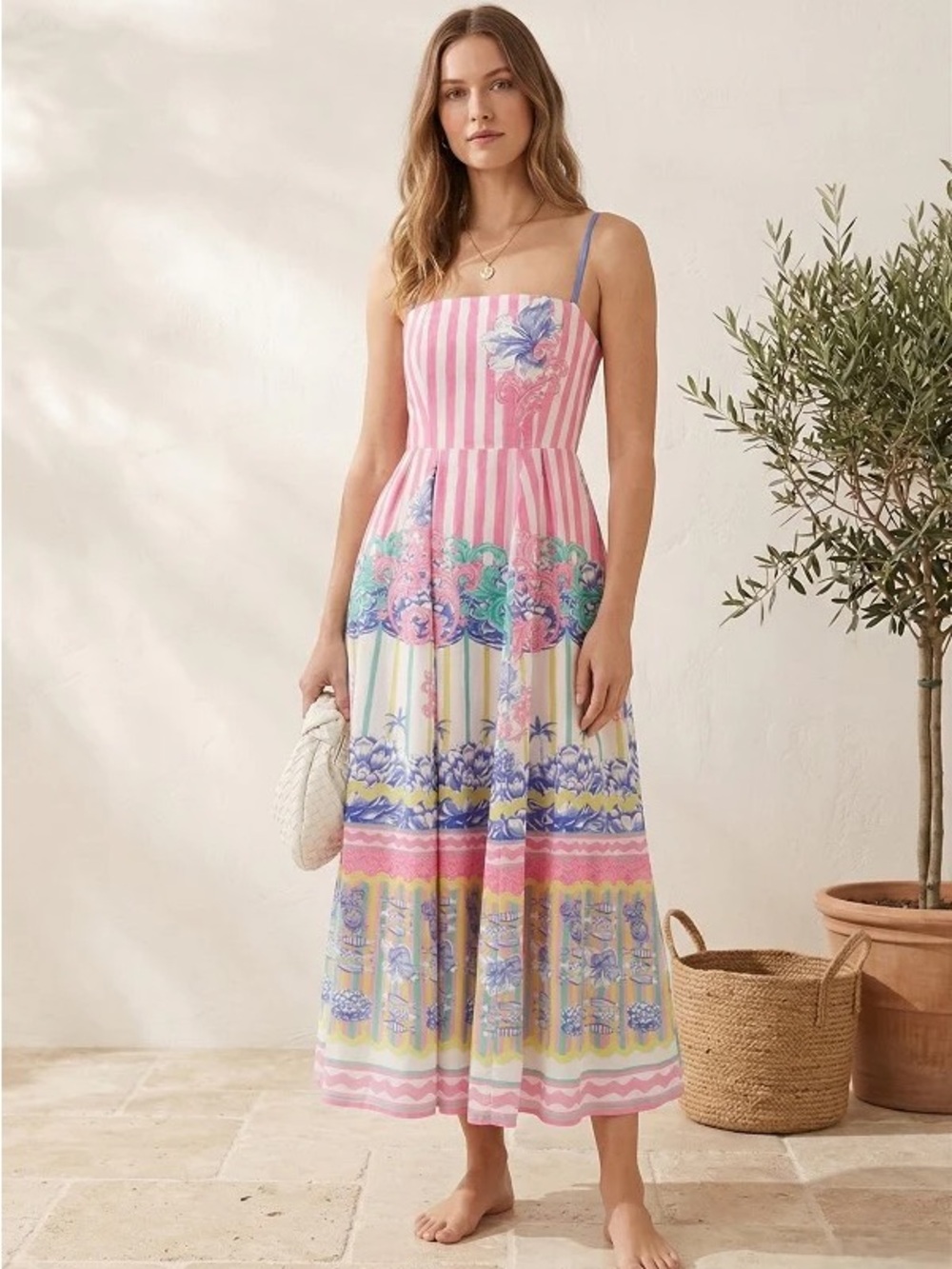 NWT Pink Striped Floral Midi Dress | Pastel Summer Sundress Boho Resort Dress